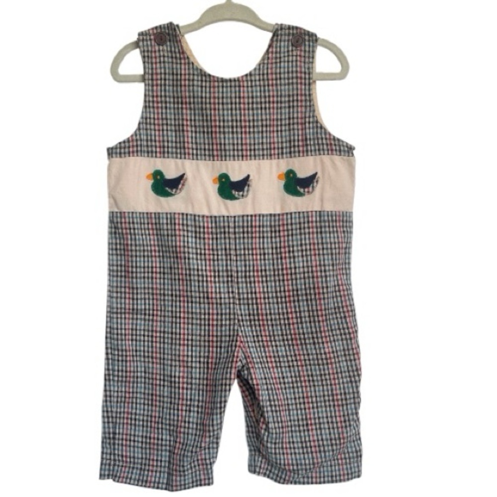 9mo Funtasia Too! Gingham Plaid Duck Embroidered Boy’s Shortall